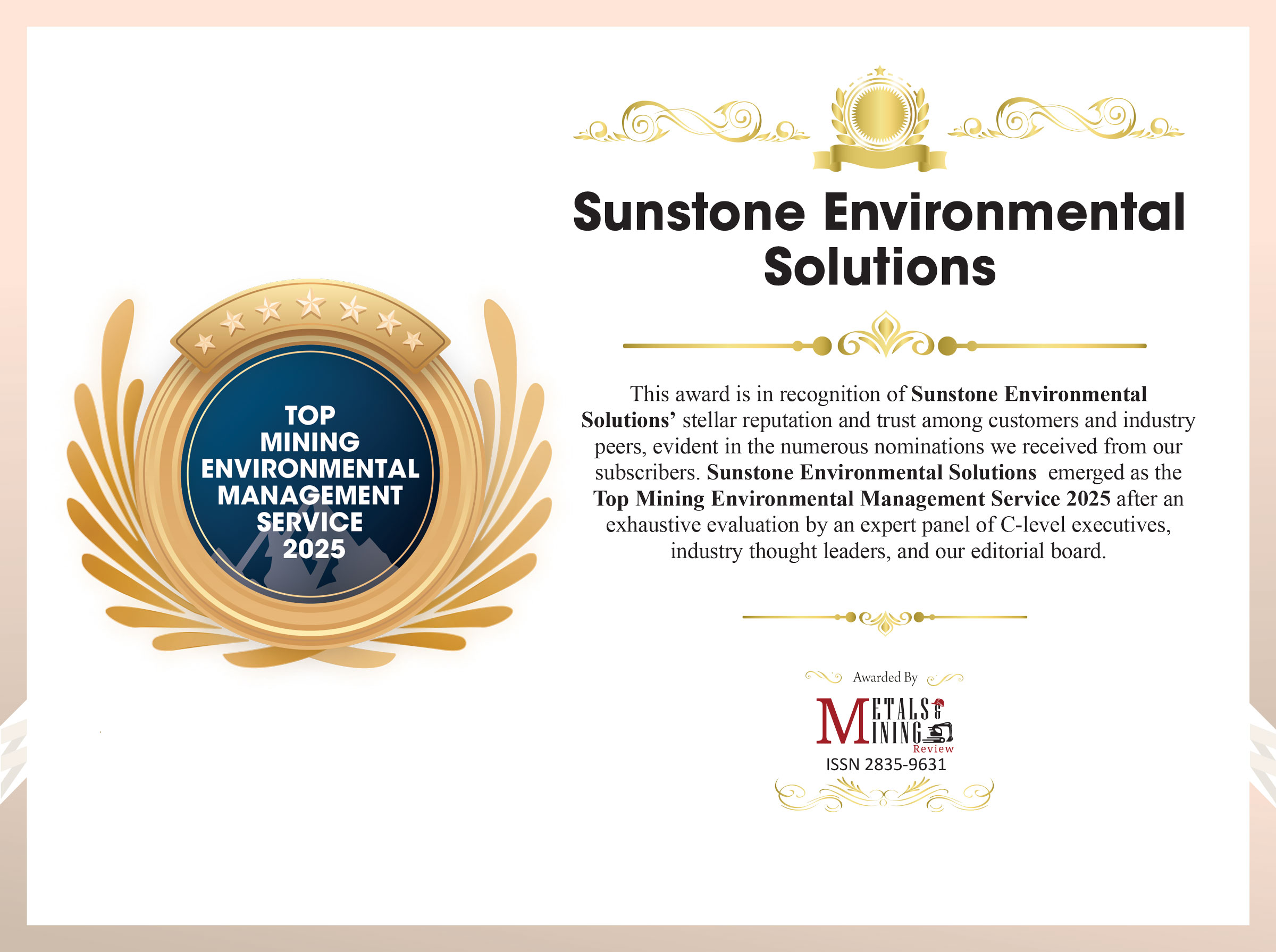 Sunstone Environmental Solutions Metals Mining Review Certificate